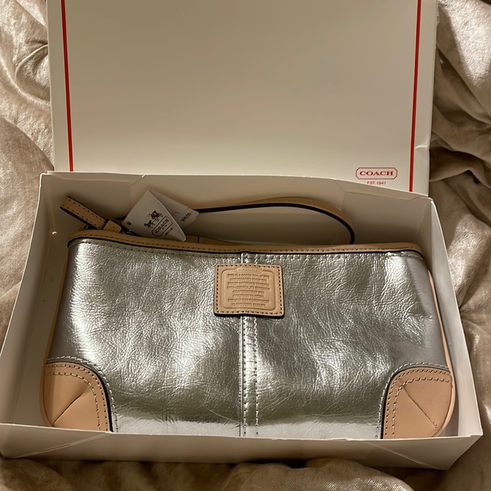 COACH silver Large Wristlet Clutch NWT and with coach box